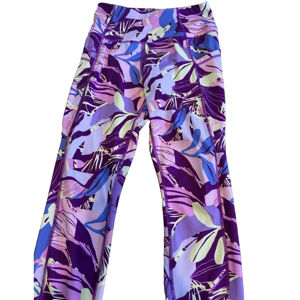 Avia Women's Active Capri Leggings Small Tropical Leaf Purple Stretch Comfort